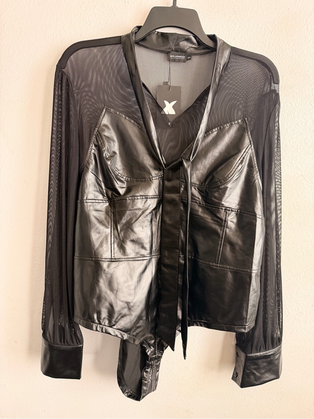 XOXO Black Faux-Leather & Mesh Tie-Neck Jacket